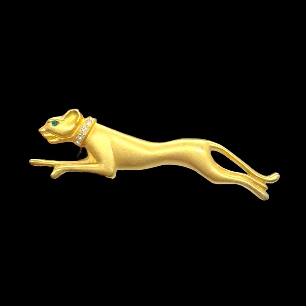 Vintage Jackie Collins Matte Gold & Rhinestone Collar Figural Panther Brooch